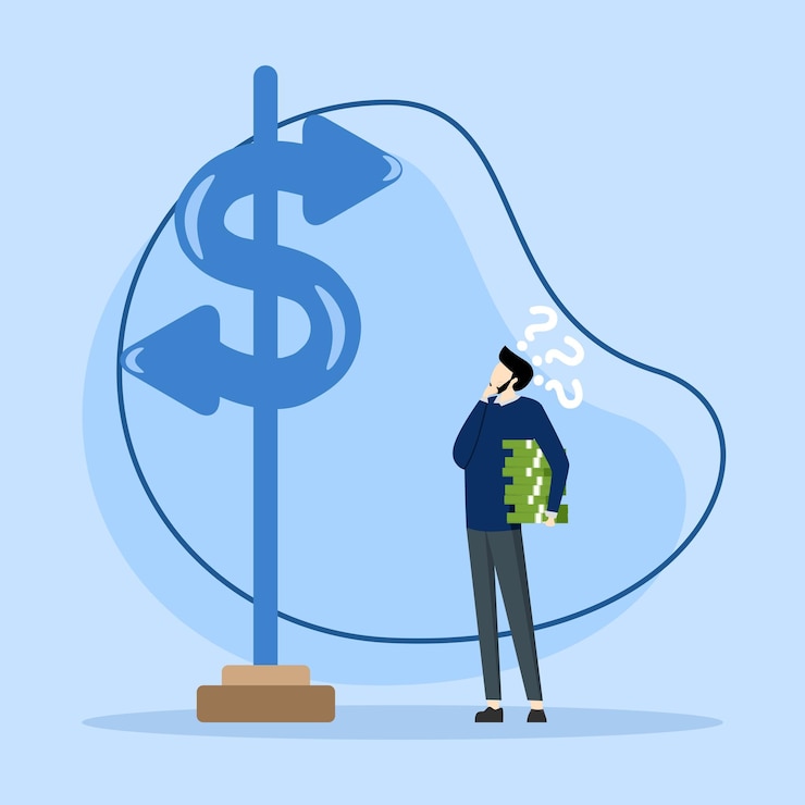 Vector inversionista de negocios confundido sosteniendo moneda de dinero eligiendo el signo de dirección del dólar, decisión de dinero.