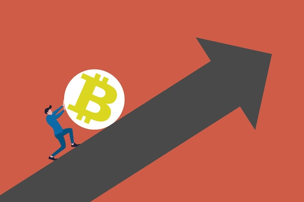 Inversor empresario tratando de empujar Bitcoin hacia arriba subiendo gráfico de flecha y gráfico concepto de Bitcoin y precio de cripto subiendo crecimiento del valor de la cripto moneda