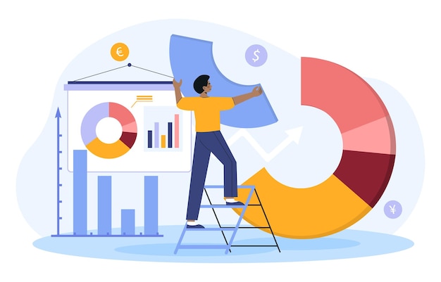Inversor masculino o planificador financiero de pie en una escalera para arreglar un gráfico de pastel como inversión de reequilibrio