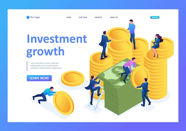 Los inversores de crecimiento de inversión isométrica llevan dinero al banco Conceptos de página de destino y diseño web