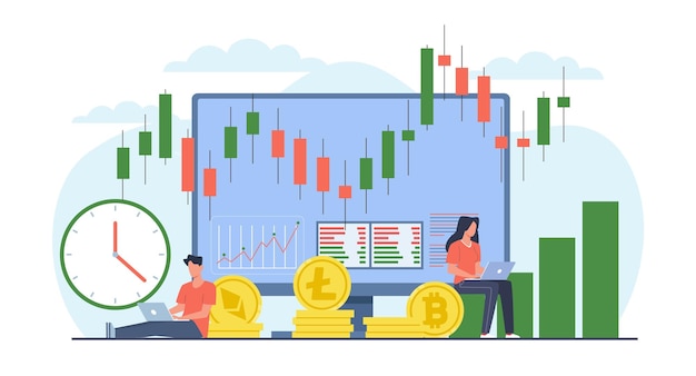 Los inversores de negocios usan la computadora para comerciar con criptomonedas en la pantalla con el gráfico de precios de la vela Un hombre y una mujer pequeños con una computadora portátil de estilo plano de dibujos animados concepto de inversión vectorial aislado