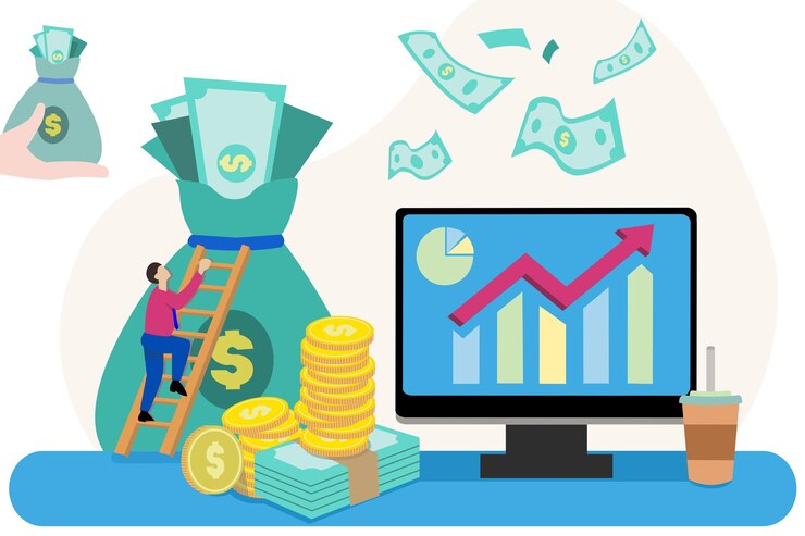 Vector los inversores suben en la bolsa de dinero aumentando los gráficos de ganancias volando dólares