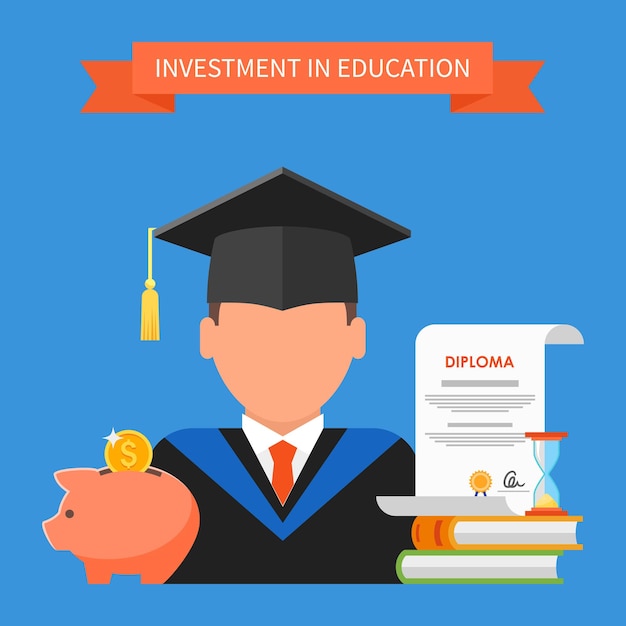 Invertir en concepto de educación. Ilustración de vector de diseño de estilo plano. Pila de libros, diploma y gorra de estudiante universitario. Beca, ahorro de dinero, préstamo