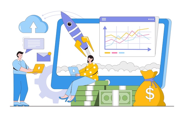 Invertir negocios en línea para ganar dinero concepto Ingresos pasivos de trabajar en Internet Estilo de diseño de esquema ilustración vectorial mínima para la página de inicio banner web infografías imágenes de héroe