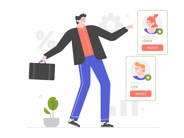Invertir en startups. El empresario elige un proyecto de inversión. Ideas innovadoras y crowdfunding. Ilustración plana con carácter.