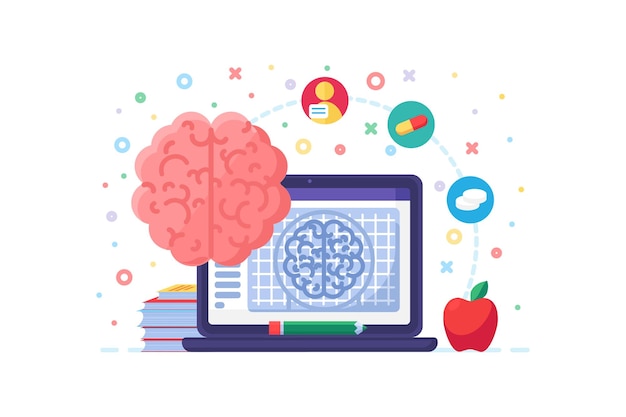 Vector investigación de la actividad y estructura del uso de datos de órganos cerebrales por parte de la comunidad científica estudio médico del cerebro vector de concepto plano simple aislado sobre fondo blanco