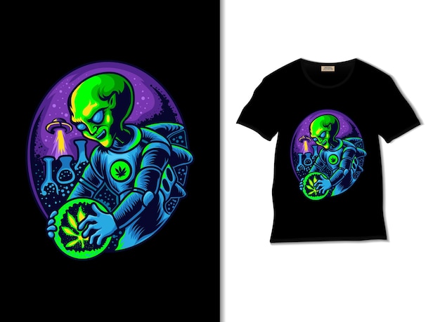 Vector investigación alienígena sobre ilustración de cannabis con diseño de camiseta