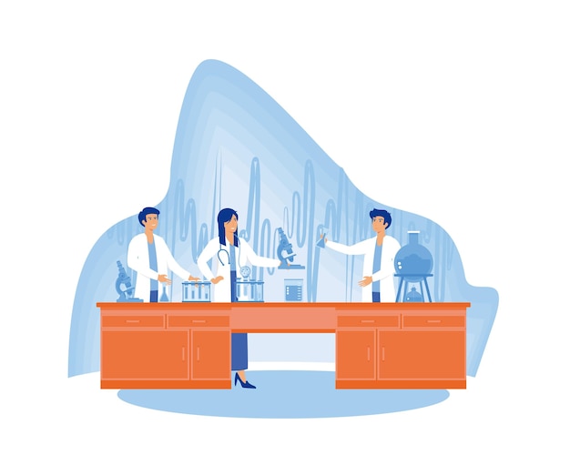 Investigación científica Científicos con abrigos de laboratorio Investigaciones científicas y experimentos de laboratorio químico Ilustración moderna de vector plano