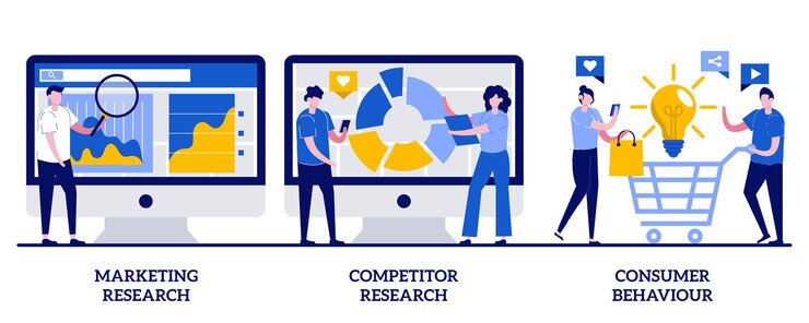 Vector investigación de la competencia, concepto de comportamiento del consumidor con ilustración de personas pequeñas