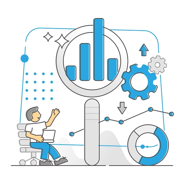 Investigación de datos como concepto de esquema de esquema monocolor de esquema de informe de información estadística. Diagrama de trabajo y gráfico con análisis de producción y ganancias para el desarrollo empresarial y la ilustración vectorial de crecimiento.