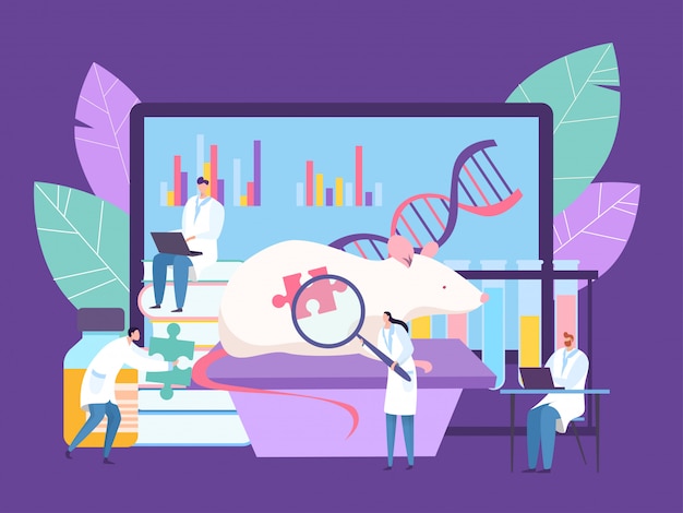 Investigación de ingeniería genética bilógica en laboratorio, ilustración. doctor realizar experimento con ratón, estudiar genes de adn.