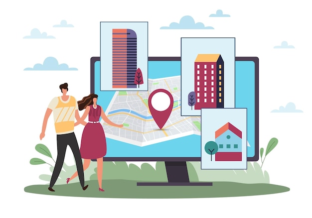 Investigación inmobiliaria en línea sitio web para comprar una casa hombre pequeño y mujer y pantalla de computadora enorme con mapa de la ciudad y alfileres aplicación para el servicio de búsqueda de casa concepto de dibujos animados vectorial.