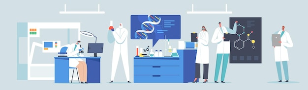 Investigación de laboratorio científico o proceso de experimentación. Personajes de científicos trabajando con ADN, mirando a través del microscopio, tomando notas. Medicina Tecnología Genética. Ilustración de Vector de gente de dibujos animados