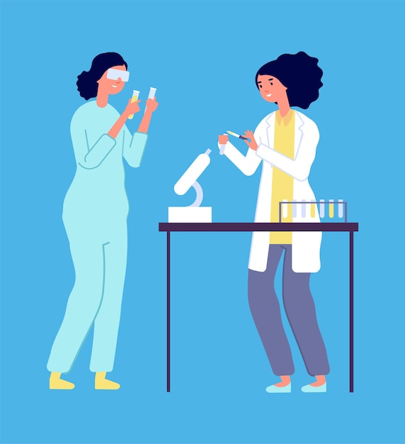 Investigación de laboratorio. Epidemiólogos de hombre mujer, estudio de virus de laboratorio. Científicos en batas blancas con ilustración de vector de equipo. Ciencia de la mujer con microscopio, gente médica química