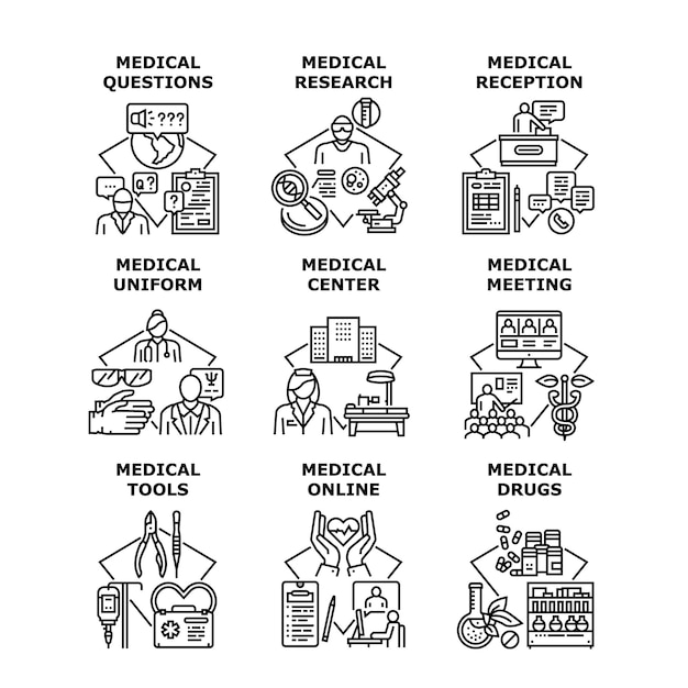 Investigación médica conjunto iconos ilustraciones vectoriales