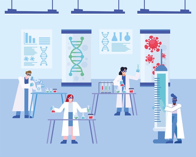 Investigación de la vacuna contra el virus covid 19 con diseño de personas químicas del tema de 2019 ncov cov y coronavirus ilustración vectorial