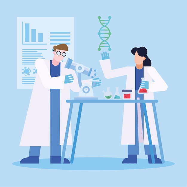 Investigación de la vacuna contra el virus covid 19 y mujer química hombre con diseño de matraces de 2019 ncov cov y tema de coronavirus ilustración vectorial