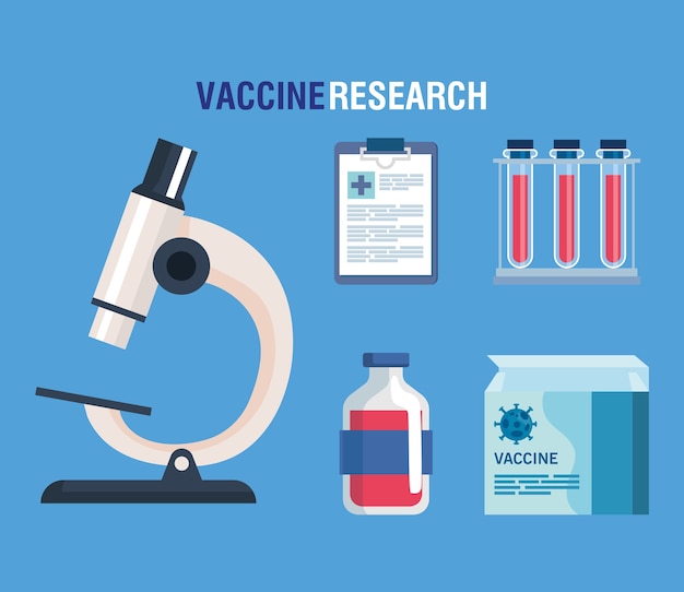 Investigación de vacunas médicas coronavirus y microscopio con iconos de laboratorio, investigación de vacunas médicas y microbiología educativa para la ilustración de coronavirus covid19