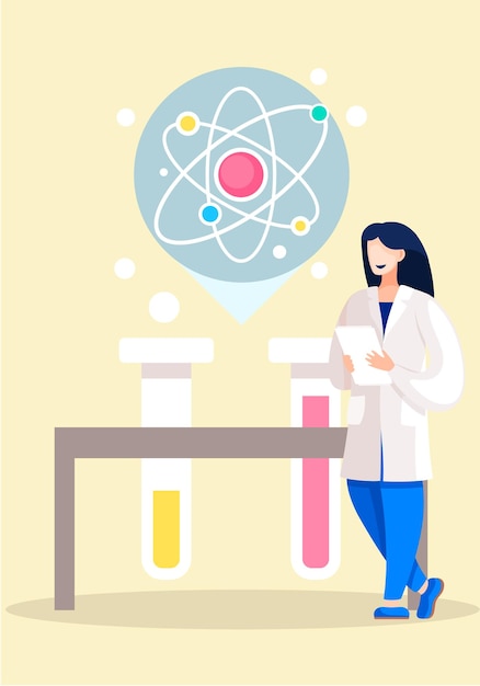 Investigadora científica realizando un experimento en el laboratorio Investigación en la sala de química Reactivos en tubos de ensayo Estructura del núcleo Chica está de pie con una tableta en las manos