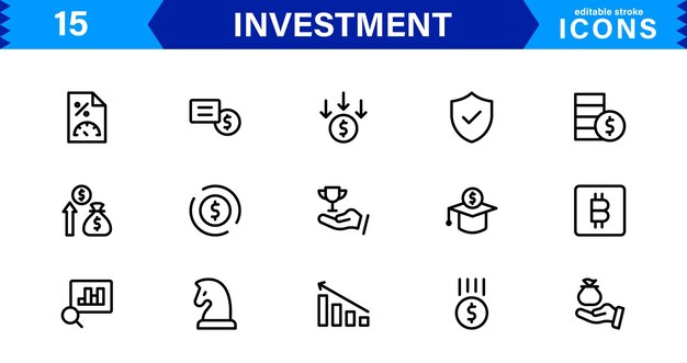 Investment Icon Set Representing Finance Stocks Market Growth and Risk Management in a Professional
