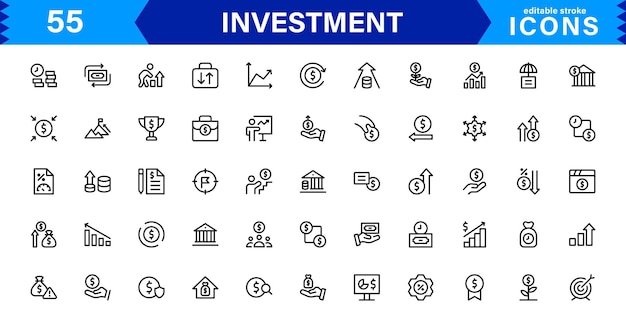 Investment Icon Set Representing Finance Stocks Market Growth and Risk Management in a Professional