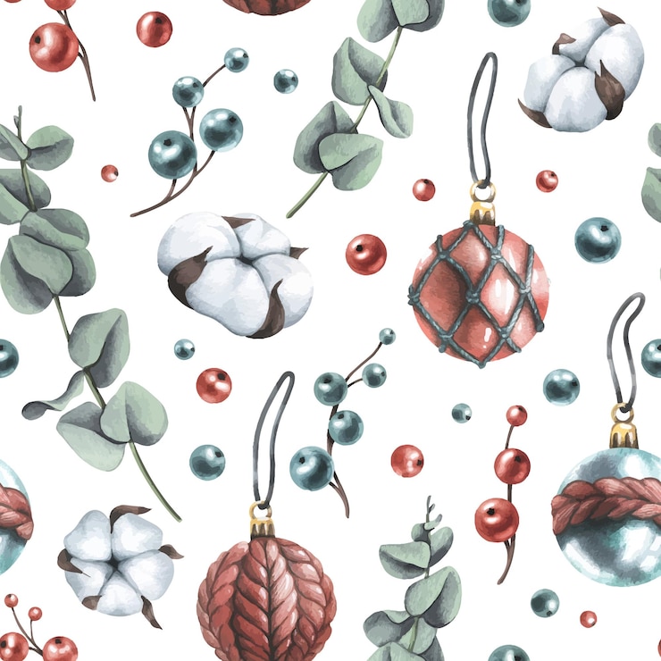 Vector invierno año nuevo navidad de patrones sin fisuras con bayas de eucalipto de algodón bolas de navidad ilustración acuarela dibujada a mano patrón sin costuras sobre un fondo blanco