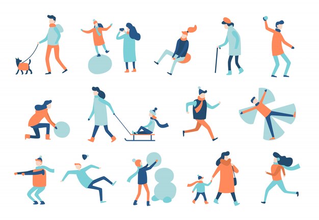 Invierno caminando personas. Actividades de inviernos, trineo de hombre activo y mujer a pie en traje de abrigo conjunto aislado