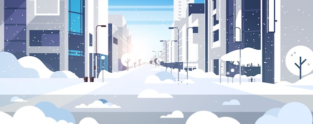 Invierno ciudad nevada calle céntrica con rascacielos edificios comerciales sol paisaje urbano plano horizontal ilustración vectorial