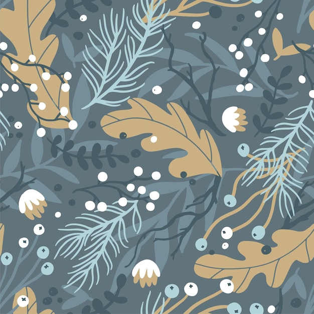 Invierno floral de patrones sin fisuras Plantas caducas y coníferas muertas ramas secas handdrawn