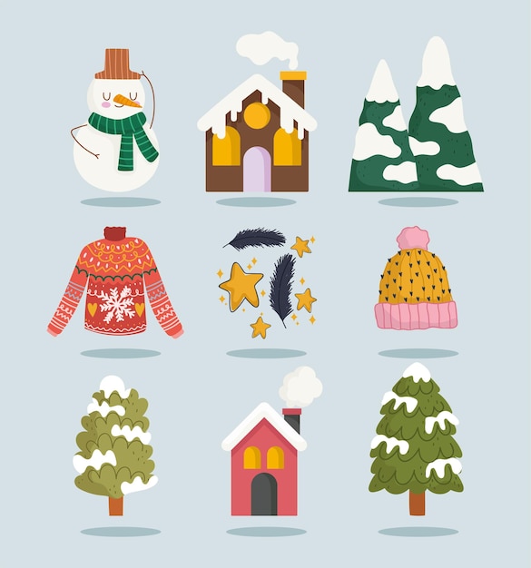 Invierno muñeco de nieve casa nieve montaña árbol suéter conjunto de iconos de dibujos animados