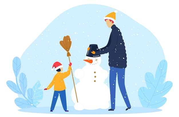 Invierno muñeco de nieve hijo juntos papá feliz pasar tiempo familia nevando al aire libre diseño en estilo de dibujos animados