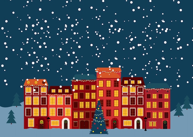 Vector invierno navidad y año nuevo little town en estilo retro