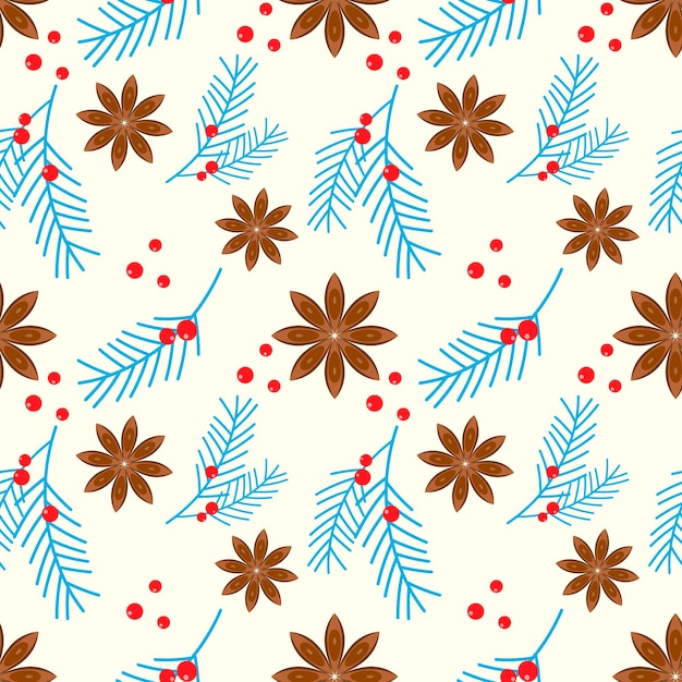 Invierno Navidad Año Nuevo patrón anís estrellado azul abeto rama conífera enebro rojo baya.