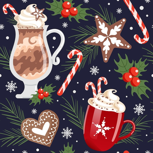 Invierno navidad bebidas de patrones sin fisuras chocolate caliente y crema batida bastón de caramelo pan de jengibre en forma de copos de nieve y corazones abeto y acebo para comida para tela de papel tapiz de café