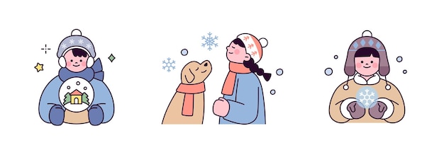 Invierno nevado Un niño con una bola de nieve Una niña mirando la nieve con su perro y un niño con una