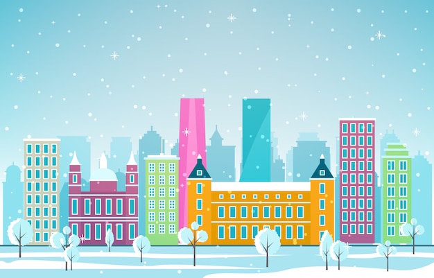 Vector invierno nieve en madrid ciudad paisaje urbano horizonte hito edificio ilustración