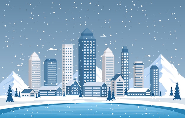 Invierno nieve pino montaña nevada ciudad casa paisaje ilustración