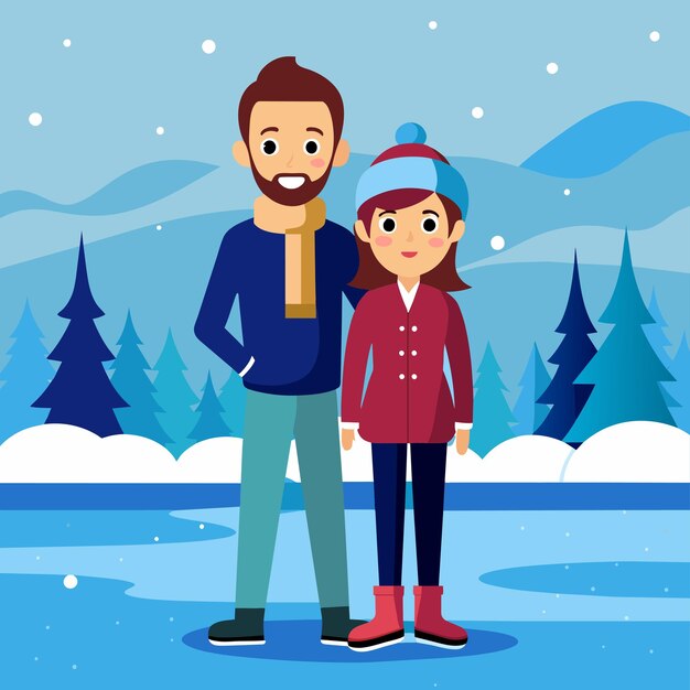 Vector invierno pareja encantadora aventura ropa nieve navidad adhesivo de personaje de dibujos animados dibujado a mano