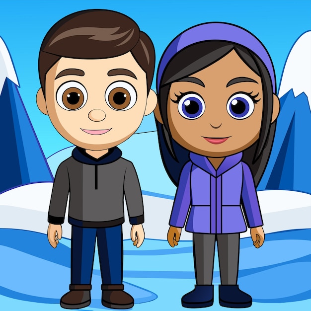 Vector invierno pareja encantadora aventura ropa nieve navidad adhesivo de personaje de dibujos animados dibujado a mano