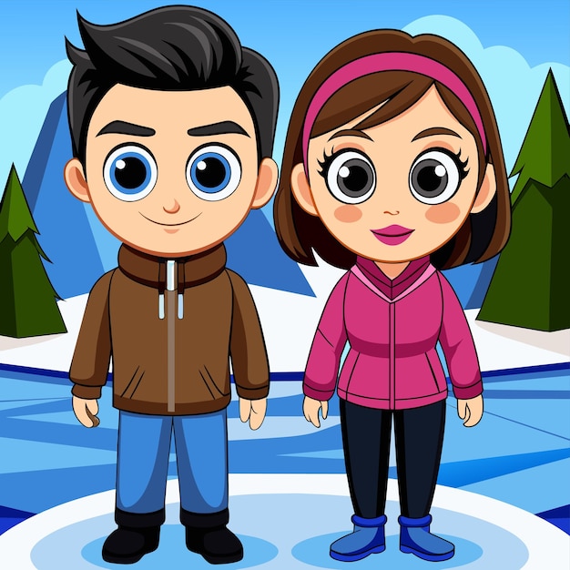 Vector invierno pareja encantadora aventura ropa nieve navidad adhesivo de personaje de dibujos animados dibujado a mano