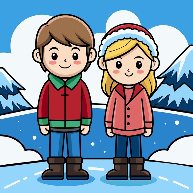 Vector invierno pareja encantadora aventura ropa nieve navidad adhesivo de personaje de dibujos animados dibujado a mano