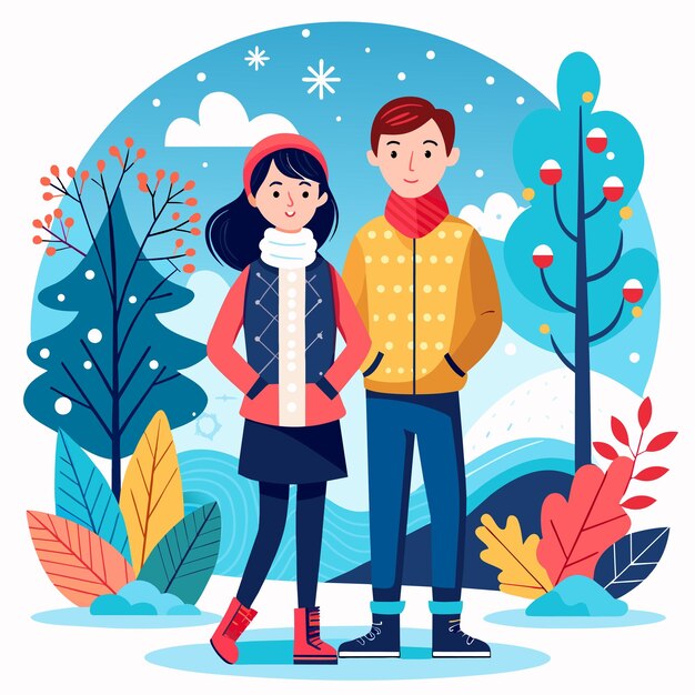 Vector invierno pareja encantadora aventura ropa nieve navidad adhesivo de personaje de dibujos animados dibujado a mano