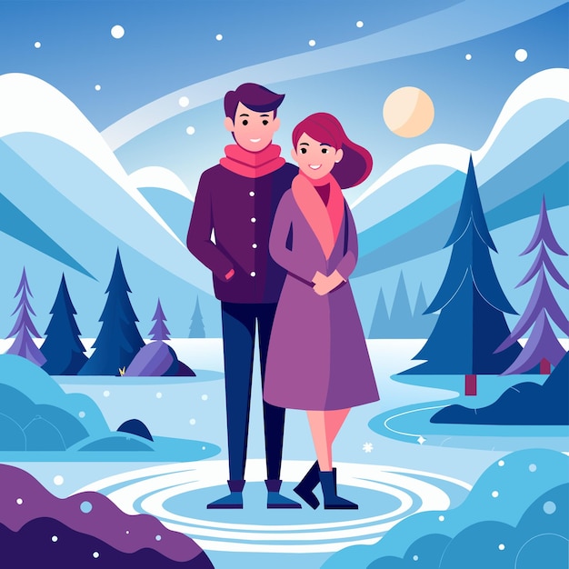 Vector invierno pareja encantadora aventura ropa nieve navidad adhesivo de personaje de dibujos animados dibujado a mano