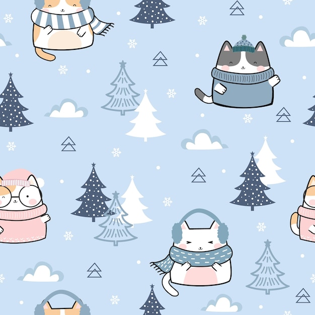 Invierno patrones sin fisuras kawaii gatos lindos dibujos animados animales fondo vector ilustración