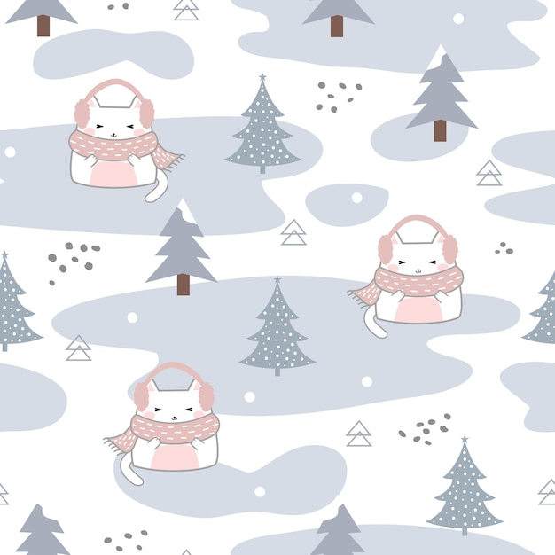 Invierno Patrones Sin Fisuras Kawaii Gatos Lindos Dibujos Animados Animales Fondo Vector Ilustración