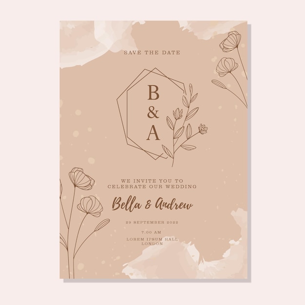 INVITACIÓN DE BODA MARRÓN FLORAL DIBUJADA A MANO ELEGANTE