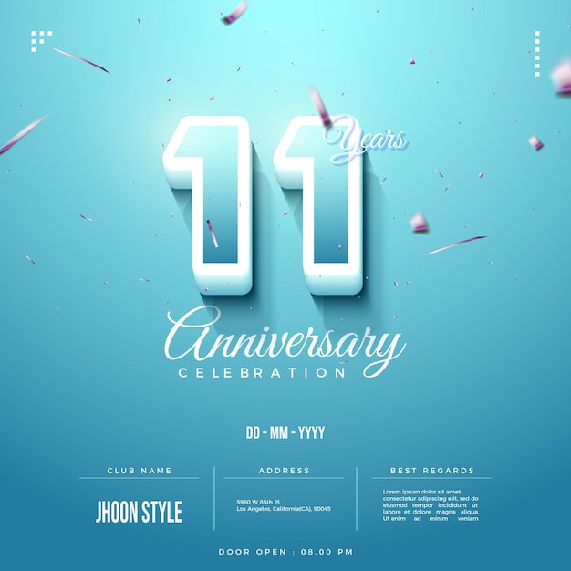 Invitación del 11 ° aniversario con números emergentes y sombreados