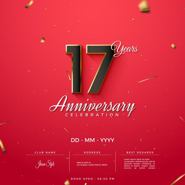 Invitación del 17 aniversario con números y fondo rojo.