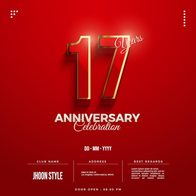 Invitación del 17 aniversario con números y fondo rojo.