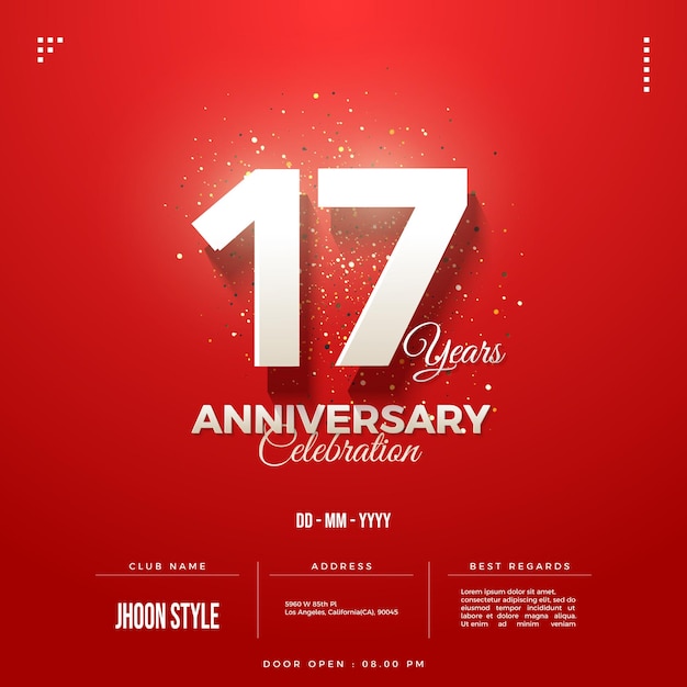 Invitación del 17 aniversario con números y fondo rojo.